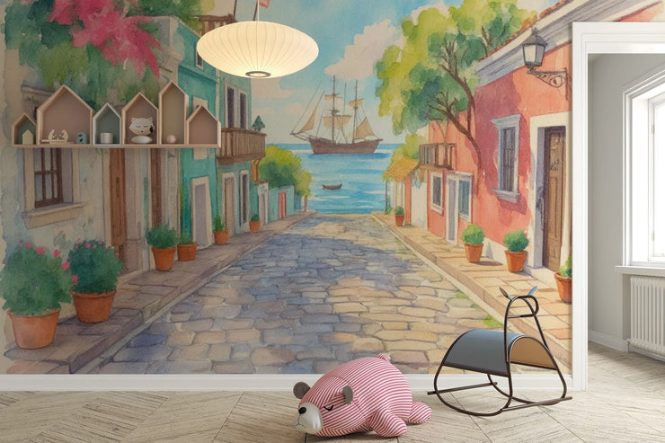 Mediterranean Street Wall Mural – Colorful Coastal Village Peel and Stick Wallpaper - Wallmotif.com