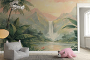 Tropical Paradise Wall Mural for Kids Room - Watercolor Jungle & Waterfall Wallpaper - Wallmotif.com