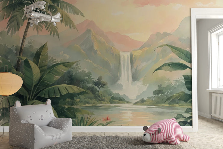 Tropical Paradise Wall Mural for Kids Room - Watercolor Jungle & Waterfall Wallpaper - Wallmotif.com