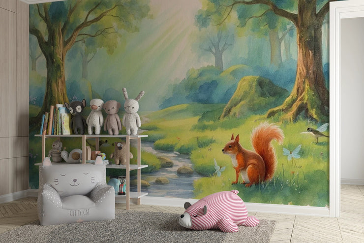 Enchanted Forest Squirrel Wallpaper Watercolor Animals Wall Mural - Wallmotif.com