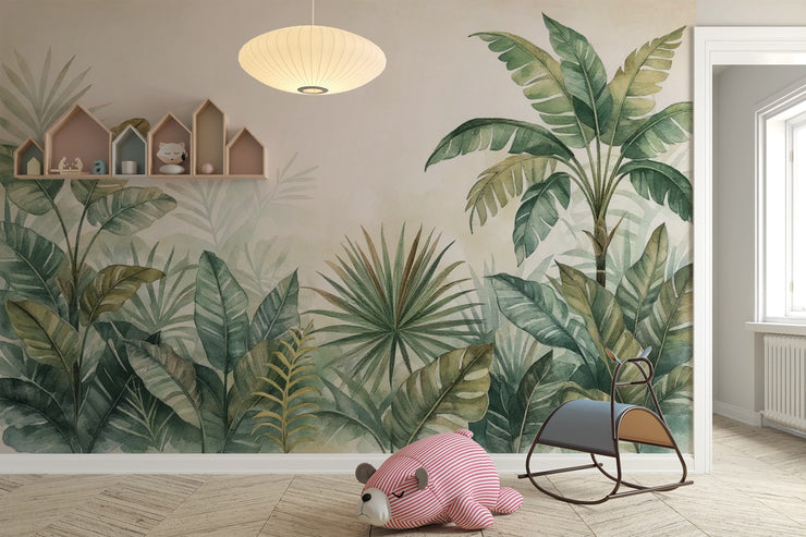 Watercolor Jungle Mural, Tropical Botanical Wallpaper, Palm Leaf Nursery Decor - Wallmotif.com