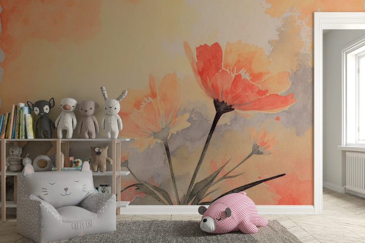 Watercolor Floral Wall Mural – Peach Orange Flower Peel and Stick Wallpaper - Wallmotif.com
