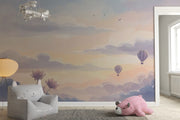 Watercolor Sky Wall Mural for Kids Room - Dreamy Cloud & Hot Air Balloon Wallpaper - Wallmotif.com