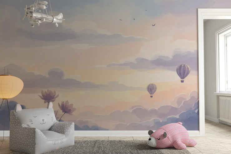 Watercolor Sky Wall Mural for Kids Room - Dreamy Cloud & Hot Air Balloon Wallpaper - Wallmotif.com