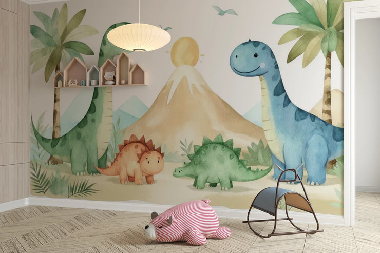 Watercolor Dinosaur Nursery Wallpaper - Friendly Dino Land Wallpaper - Wallmotif.com