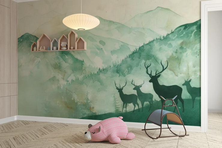 Watercolor Forest & Deer Wallpaper - Green Mountains Forest Wall Mural - Wallmotif.com