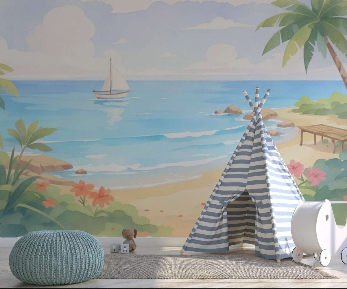 Watercolor Beach & Ocean Wall Mural for Kids Room - Dreamy Seascape Nursery Wallpaper