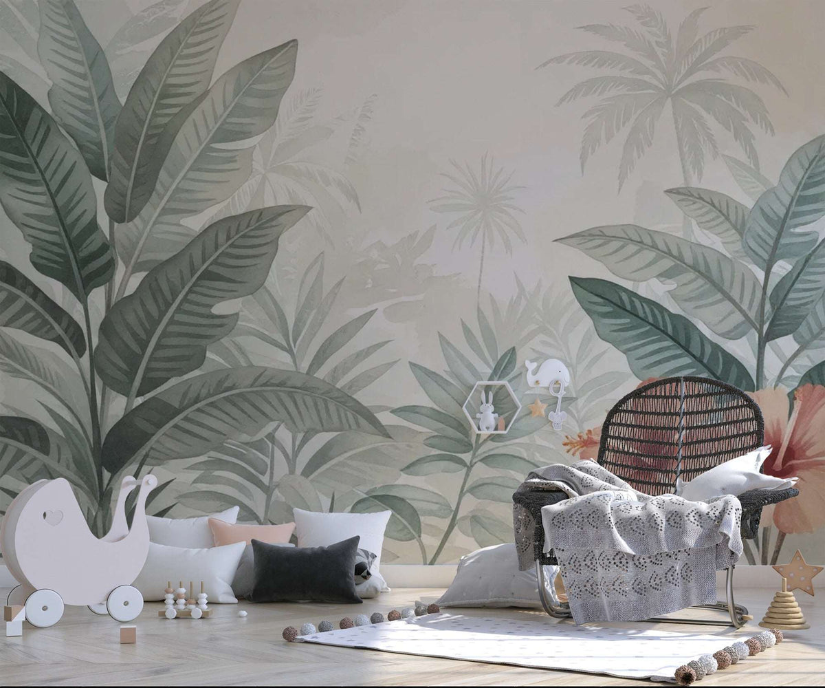 Tropical Leaves Wallpaper, Jungle Nursery Mural, Botanical Palm Leaf Wall Decal