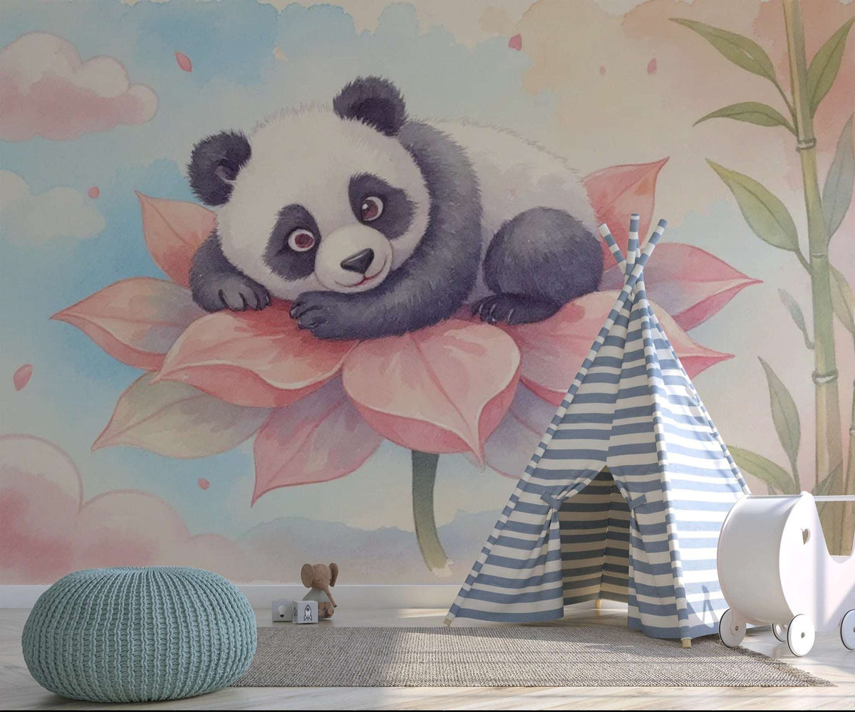 Cute Panda Wall Mural for Nursery - Dreamy Watercolor Panda & Lotus Wallpaper