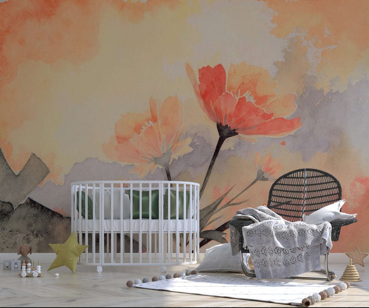 Watercolor Floral Wall Mural – Peach Orange Flower Peel and Stick Wallpaper