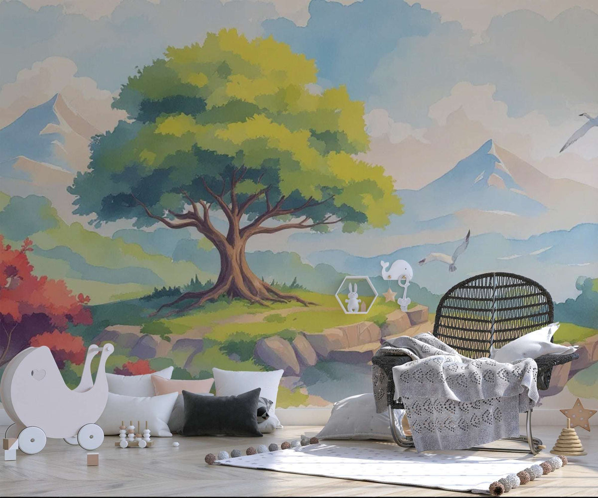 Magical Forest Mountain Nursery Wallpaper - Watercolor Mural for Kids Room Decor