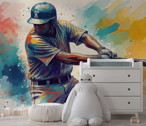 Abstract Watercolor Baseball Player Wall Mural - Sports Themed Kids Room Decor