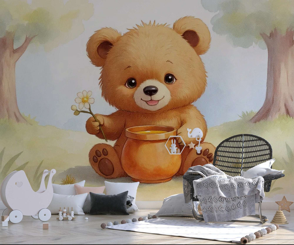 Cute Teddy Bear with Honey Pot Wall Mural - Sweet Teddy Bear Nursery Wallpaper