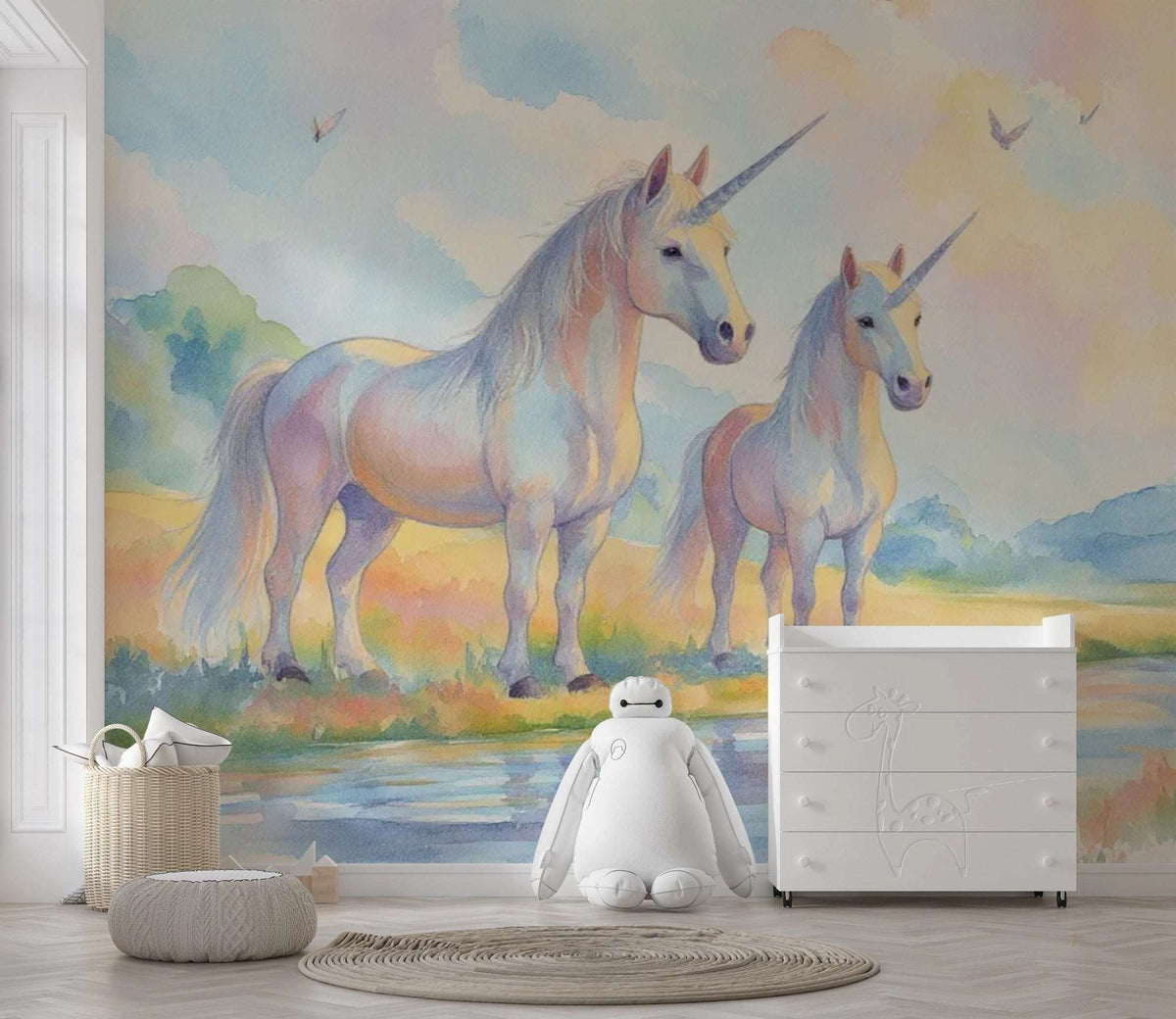 Watercolor Unicorn Wallpaper Mural, Fantasy Nursery Decor, Magical Peel and Stick Wall Mural