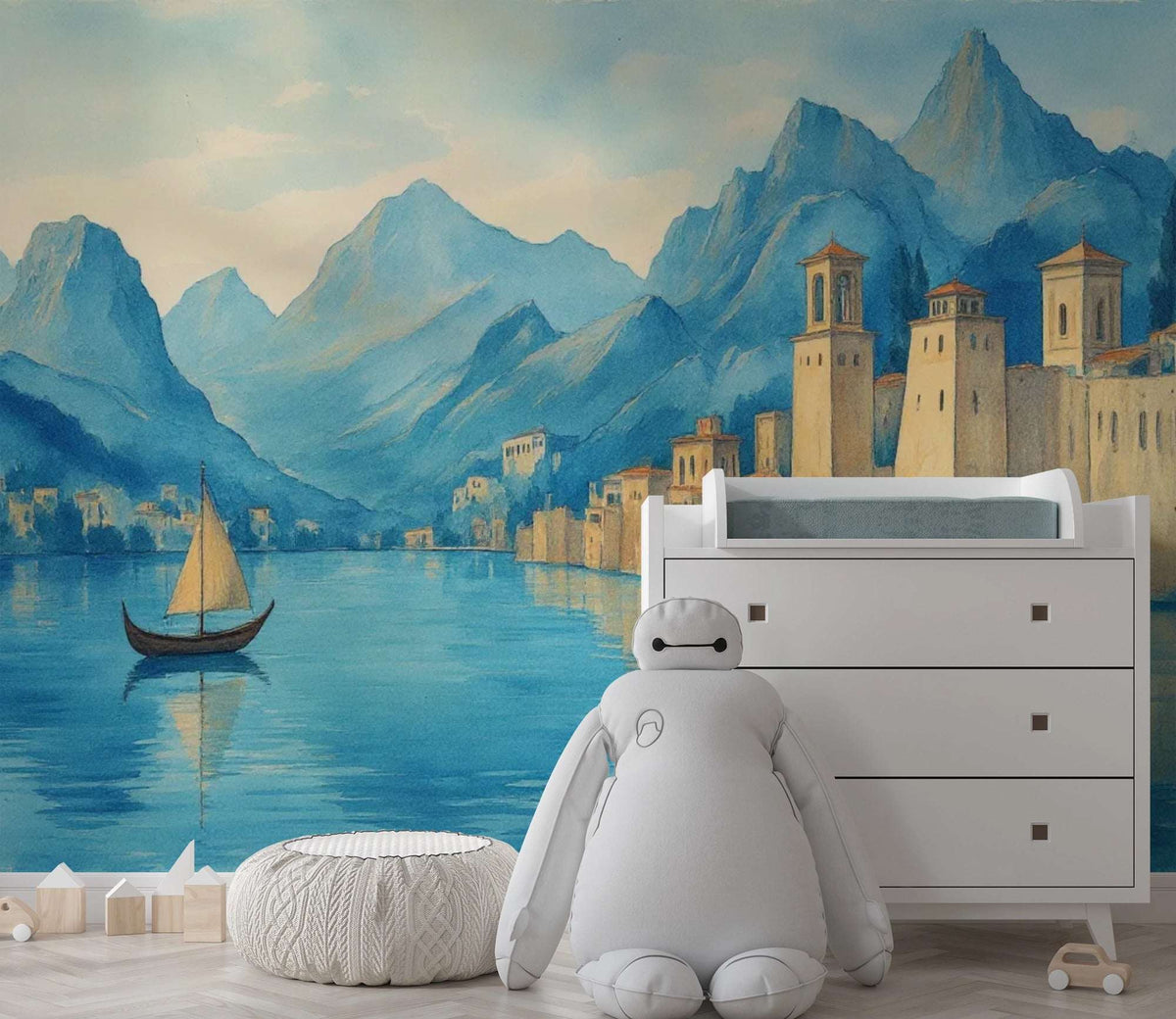 Watercolor Coastal City & Mountain Wall Mural - European Scenery Kids Room Decor