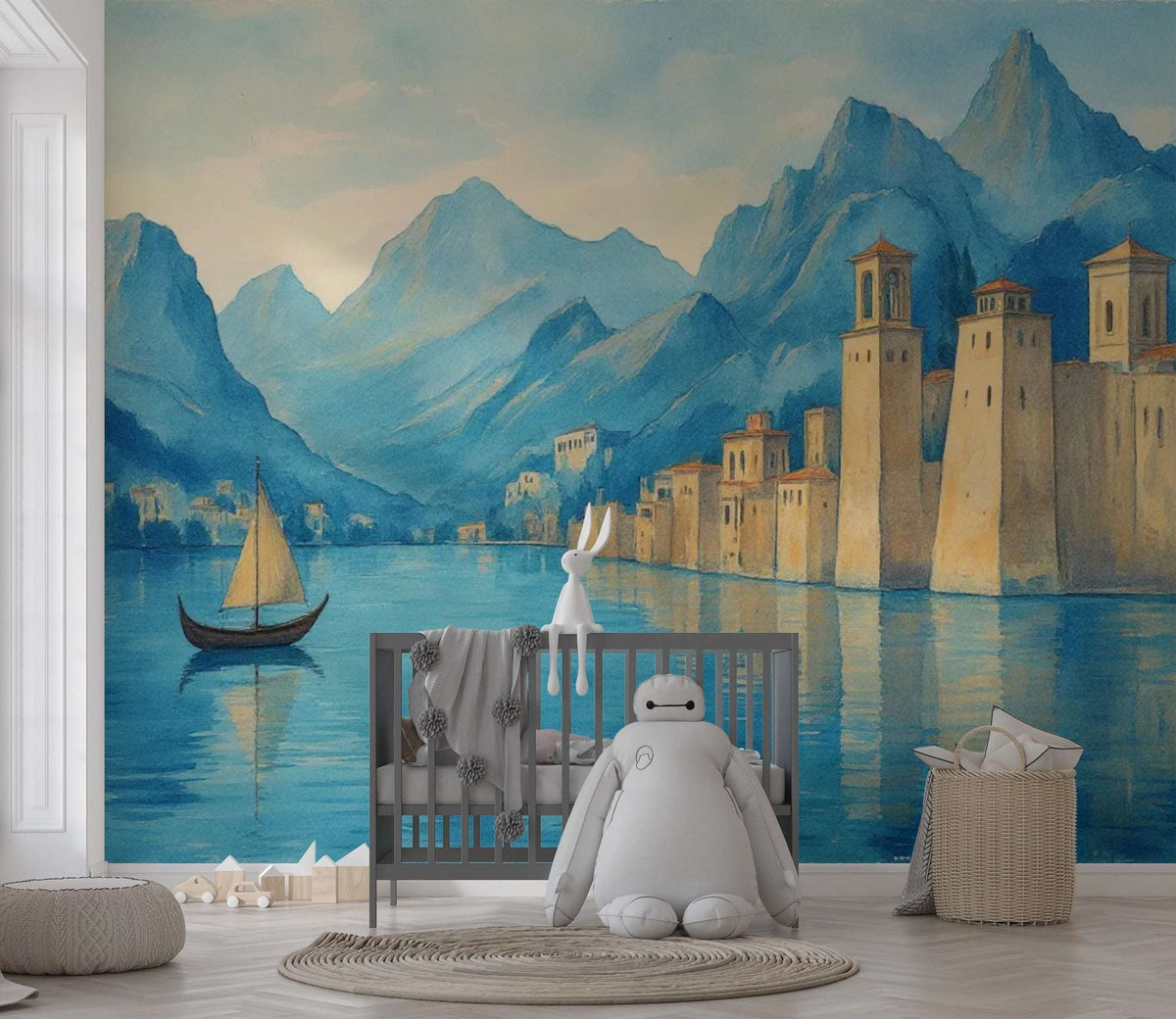 Watercolor Coastal City & Mountain Wall Mural - European Scenery Kids Room Decor