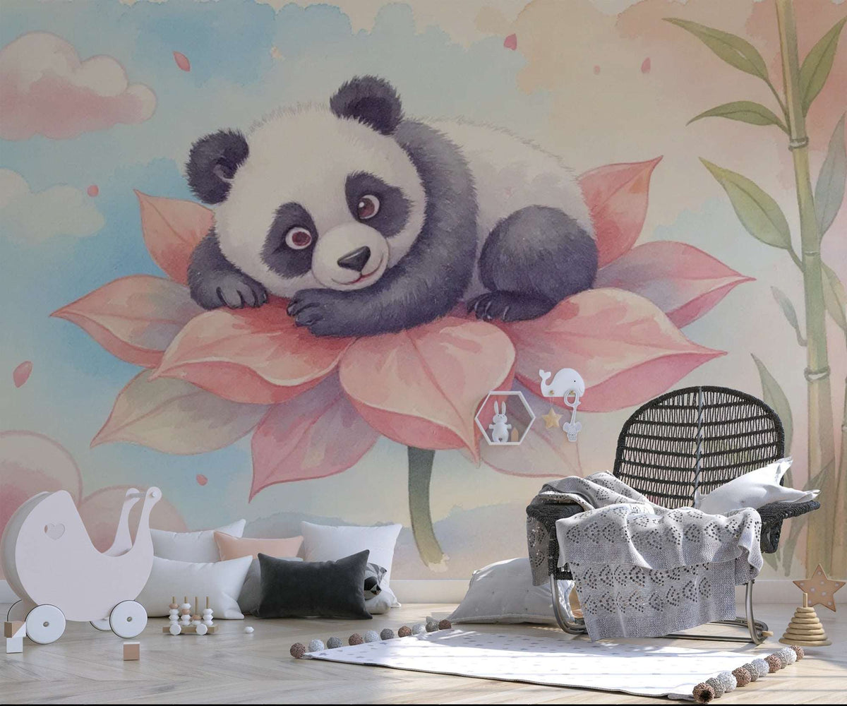 Cute Panda Wall Mural for Nursery - Dreamy Watercolor Panda & Lotus Wallpaper
