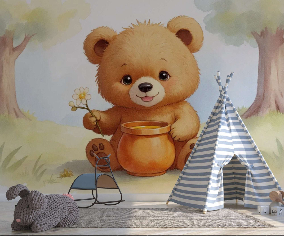 Cute Teddy Bear with Honey Pot Wall Mural - Sweet Teddy Bear Nursery Wallpaper