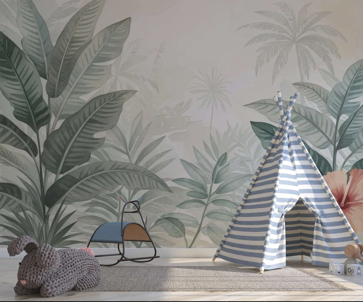 Tropical Leaves Wallpaper, Jungle Nursery Mural, Botanical Palm Leaf Wall Decal