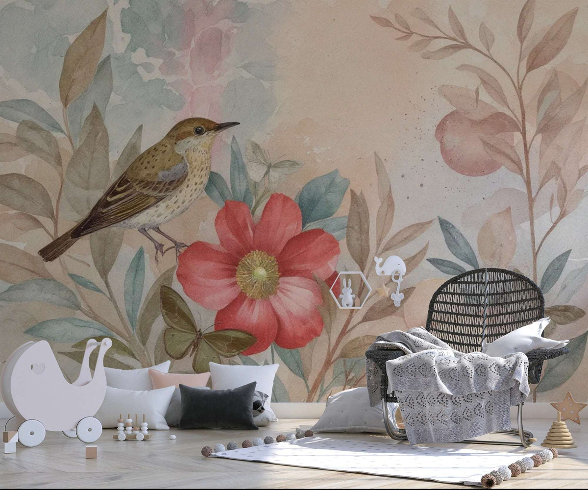 Watercolor Bird Floral Wallpaper, Nursery Mural, Removable Self-Adhesive Wall Decal
