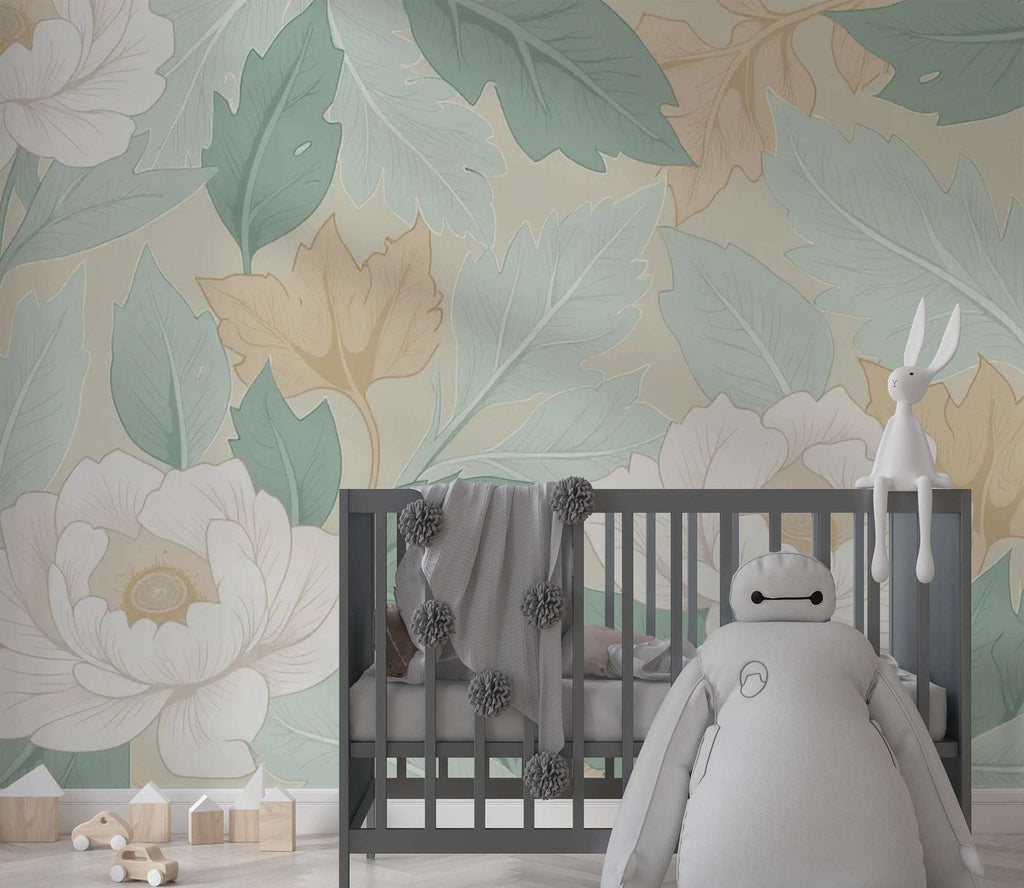 Pastel Floral Wall Mural – Botanical Leaves and Flowers Peel and Stick Wallpaper