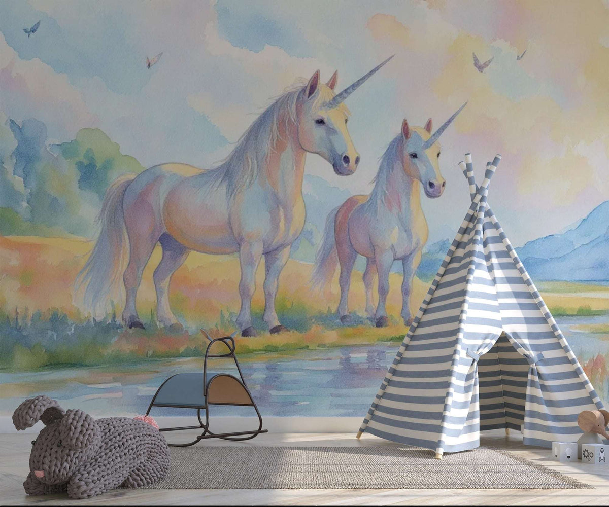 Watercolor Unicorn Wallpaper Mural, Fantasy Nursery Decor, Magical Peel and Stick Wall Mural