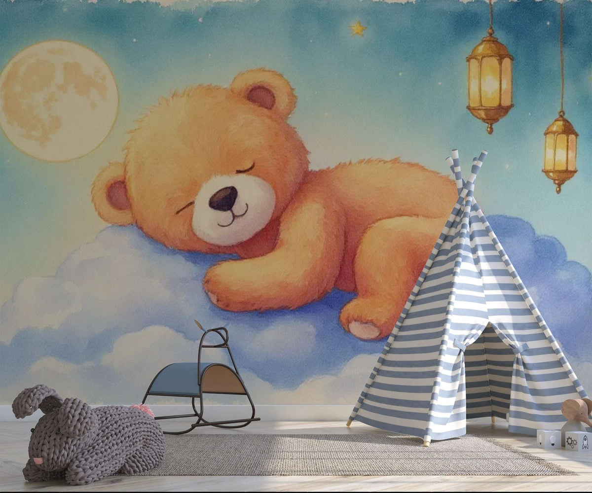 Dreamy Bear Moon Watercolor Wall Mural - Sleeping Teddy Bear Wall Mural for Nursery