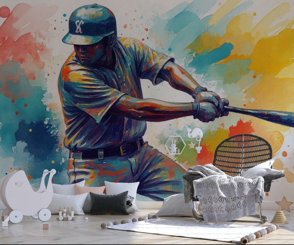 Abstract Watercolor Baseball Player Wall Mural - Sports Themed Kids Room Decor