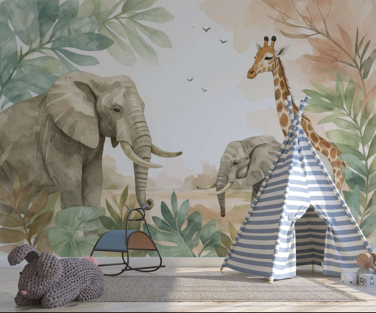 Safari Jungle Animals Wall Mural - Watercolor Elephant & Giraffe Wallpaper