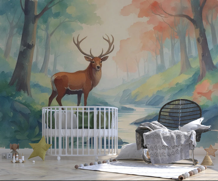 Woodland Deer Wall Mural Magical Forest Animal Wallpaper for Playroom - Wallmotif.com