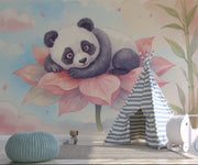 Cute Panda Wall Mural for Nursery - Dreamy Watercolor Panda & Lotus Wallpaper - Wallmotif.com
