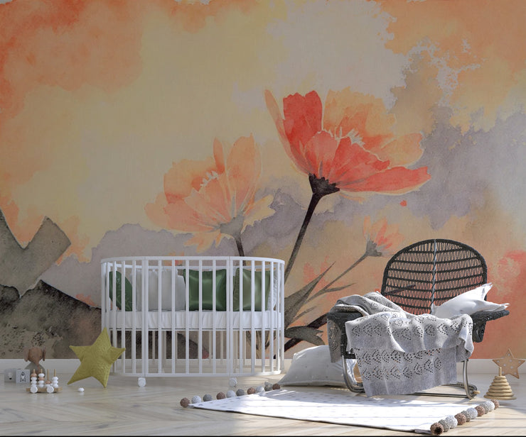 Watercolor Floral Wall Mural – Peach Orange Flower Peel and Stick Wallpaper - Wallmotif.com