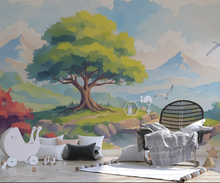 Magical Forest Mountain Nursery Wallpaper - Watercolor Mural for Kids Room Decor - Wallmotif.com