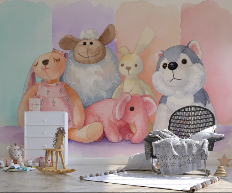 Cuddly Plush Friends Wall Mural - Watercolor Wallpaper for Nursery & Baby Room Decor - Wallmotif.com