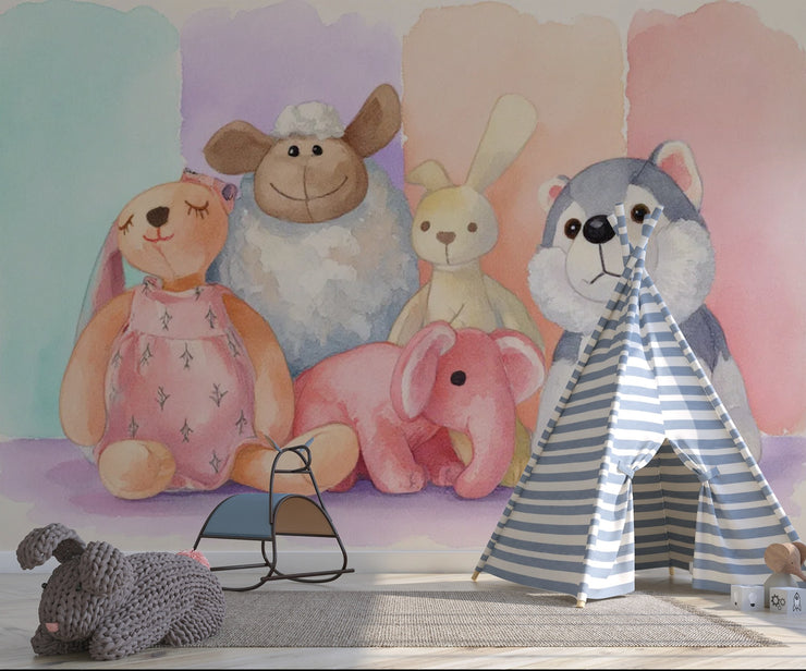 Cuddly Plush Friends Wall Mural - Watercolor Wallpaper for Nursery & Baby Room Decor - Wallmotif.com