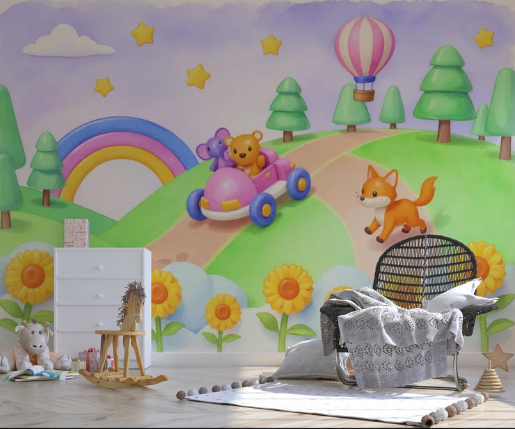 Playful Animal Road Trip Wall Mural - Peel and Stick Wallpaper for Nursery & Kids Room - Wallmotif.com