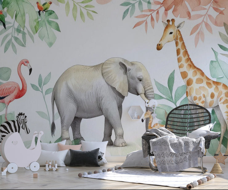 Safari Animals Nursery Wall Mural - Cute Jungle Friends Wallpaper for Kids Room - Wallmotif.com