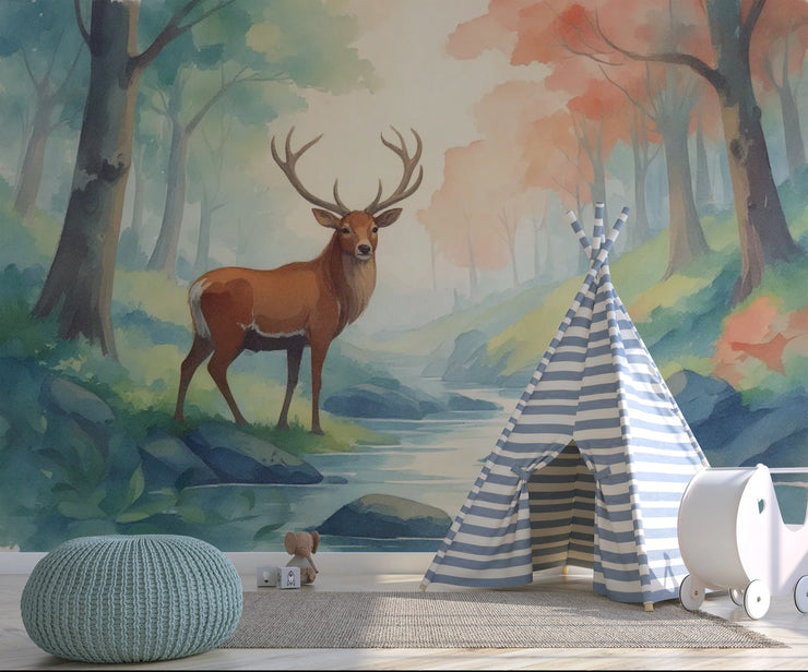 Woodland Deer Wall Mural Magical Forest Animal Wallpaper for Playroom - Wallmotif.com