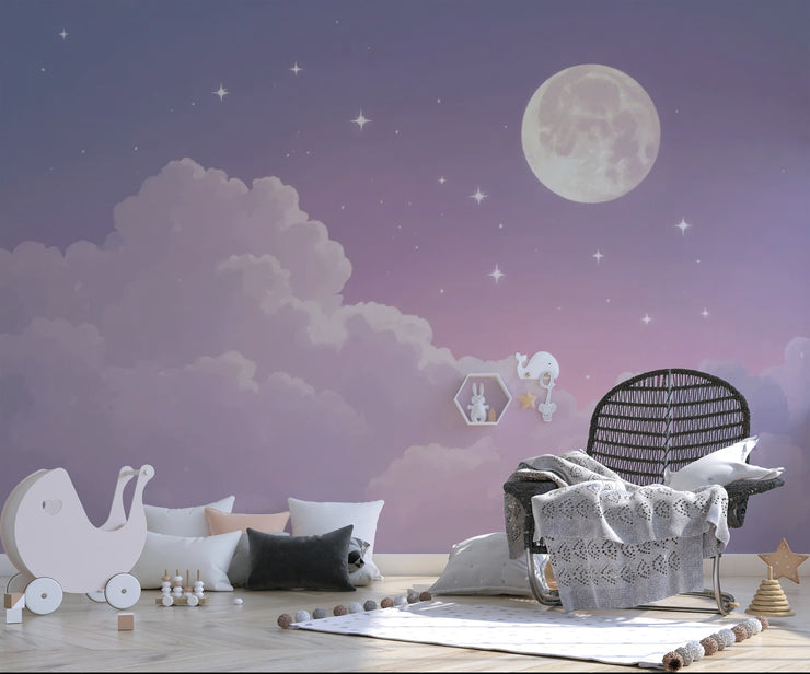 Dreamy Moon Stars Wall Mural Celestial Cloud Wallpaper Purple Sky Decor - Wallmotif.com