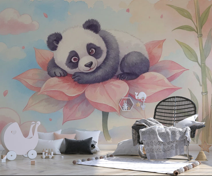 Cute Panda Wall Mural for Nursery - Dreamy Watercolor Panda & Lotus Wallpaper - Wallmotif.com