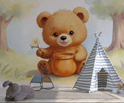 Cute Teddy Bear with Honey Pot Wall Mural - Sweet Teddy Bear Nursery Wallpaper - Wallmotif.com