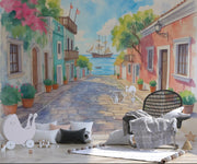Mediterranean Street Wall Mural – Colorful Coastal Village Peel and Stick Wallpaper - Wallmotif.com