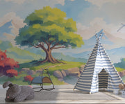 Magical Forest Mountain Nursery Wallpaper - Watercolor Mural for Kids Room Decor - Wallmotif.com