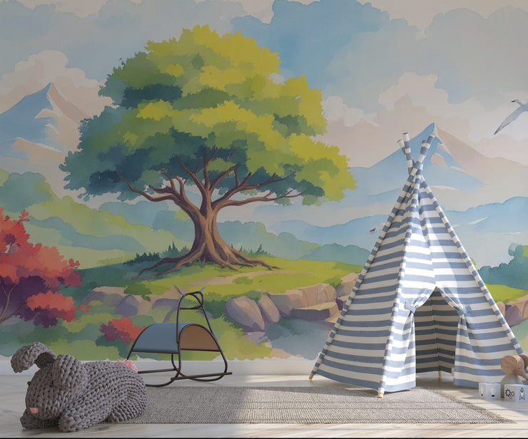 Magical Forest Mountain Nursery Wallpaper - Watercolor Mural for Kids Room Decor - Wallmotif.com