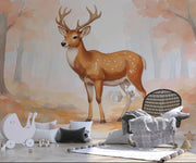 Watercolor Deer Forest Wallpaper Mural Blush Orange Tones - Wallmotif.com