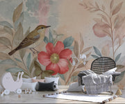 Watercolor Bird Floral Wallpaper, Nursery Mural, Removable Self-Adhesive Wall Decal - Wallmotif.com
