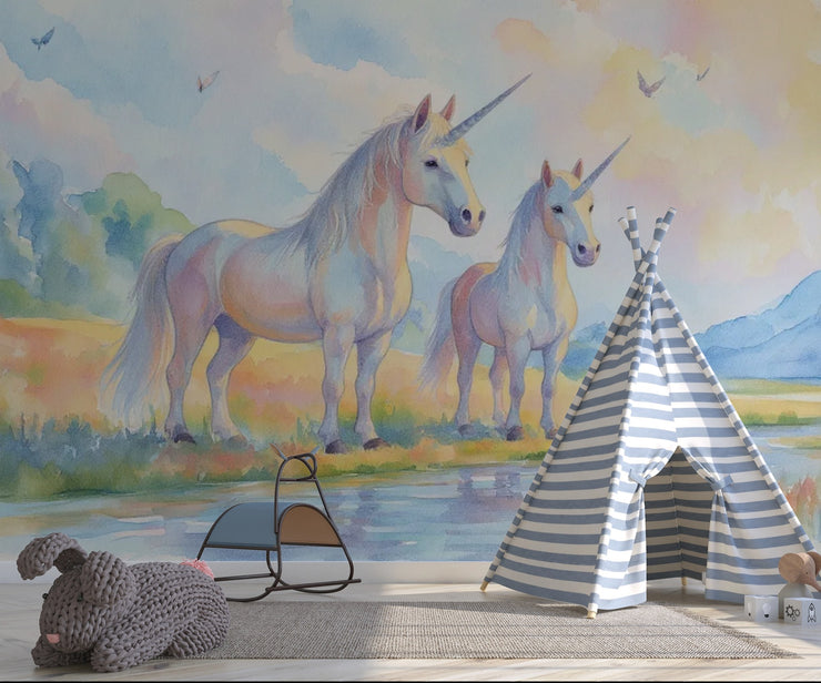 Watercolor Unicorn Wallpaper Mural, Fantasy Nursery Decor, Magical Peel and Stick Wall Mural - Wallmotif.com