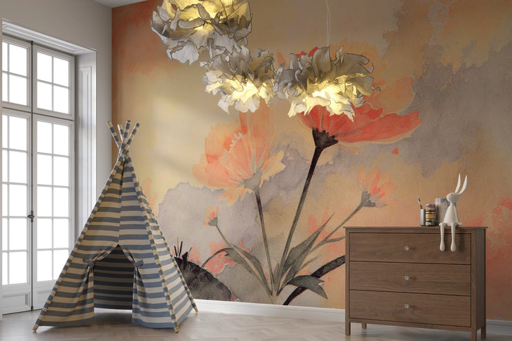 Watercolor Floral Wall Mural – Peach Orange Flower Peel and Stick Wallpaper - Wallmotif.com