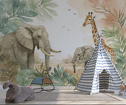 Safari Jungle Animals Wall Mural - Watercolor Elephant & Giraffe Wallpaper - Wallmotif.com