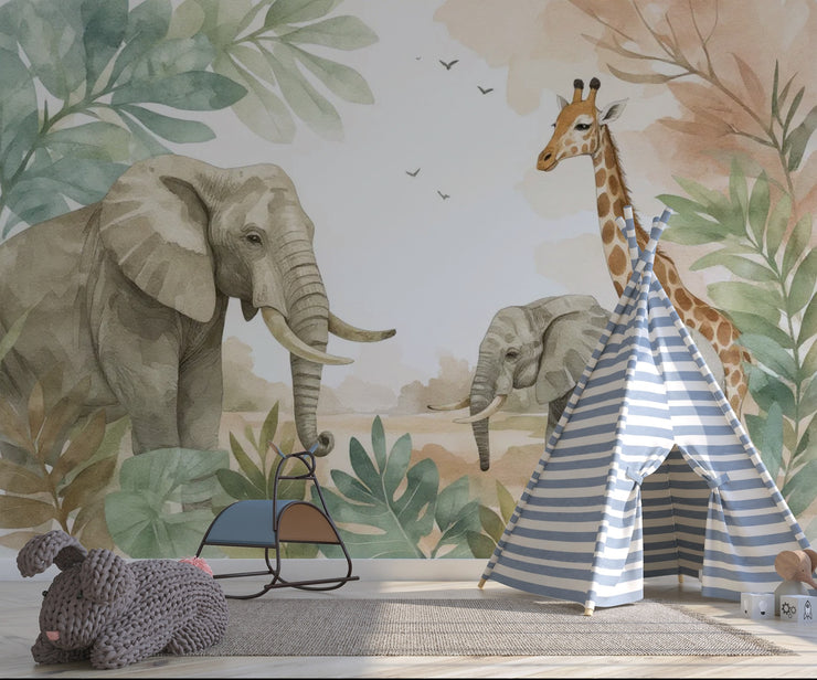 Safari Jungle Animals Wall Mural - Watercolor Elephant & Giraffe Wallpaper - Wallmotif.com